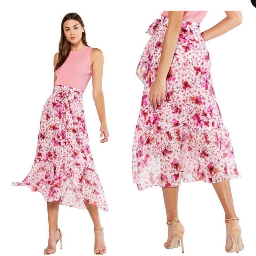 MISA Los Angeles Gardenia Pink Themis Floral Ruffle Wrap Tie Chiffon Skirt Sz L